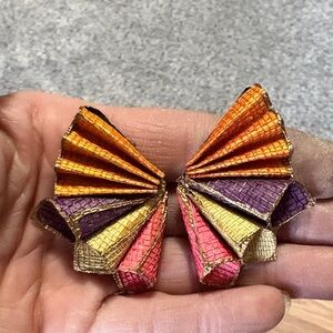 DOMA VINTAGE HANDMADE COLORFUL CINCHED FAN POST 2.3" EARRINGS